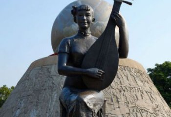 弹奏人物雕塑，公园铜雕弹琵琶的女孩弹雕塑