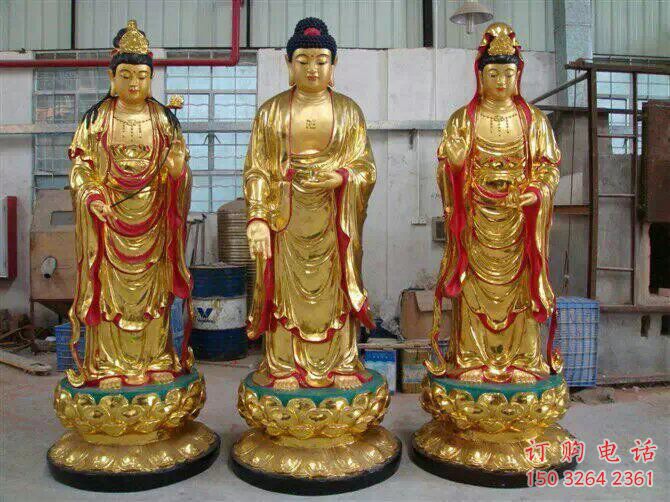 广场三圣佛像厂家 广场西方三圣佛像铜雕