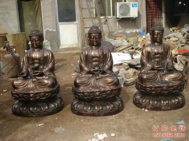 户外三世佛铜佛像工厂，铸铜工艺，仿古三世佛铜佛像厂家