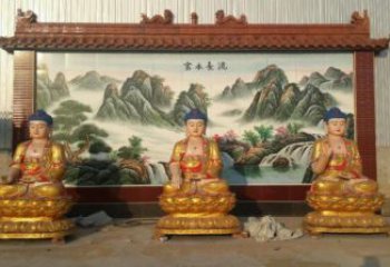 彩绘三世佛铜佛像厂，彩绘工艺，仿铜三世佛铜佛像定做