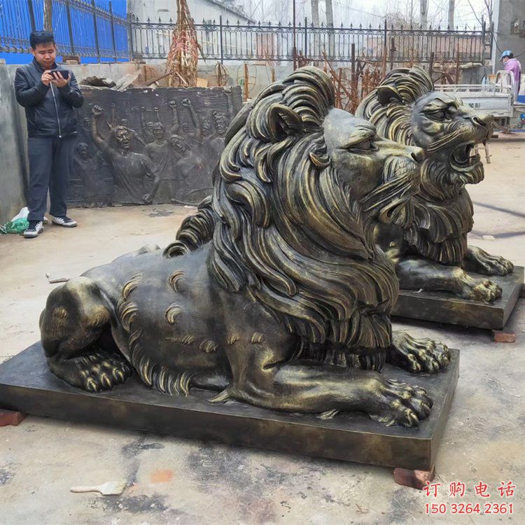 六安大型趴狮雕塑，仿铜动物雕塑，玻璃钢狮子雕塑制作
